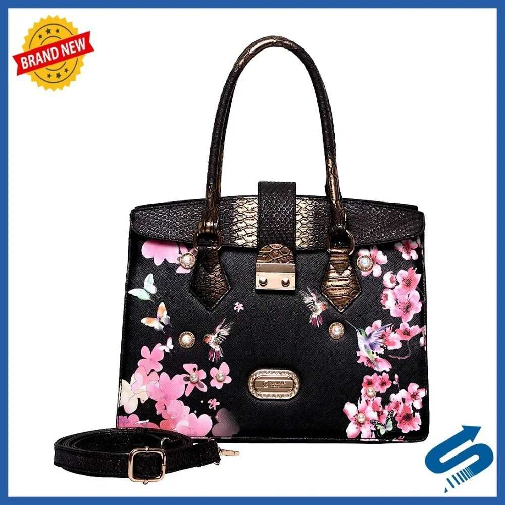 Vegan Leather Satchel with Adjustable Strap, Floral Crystal Accents